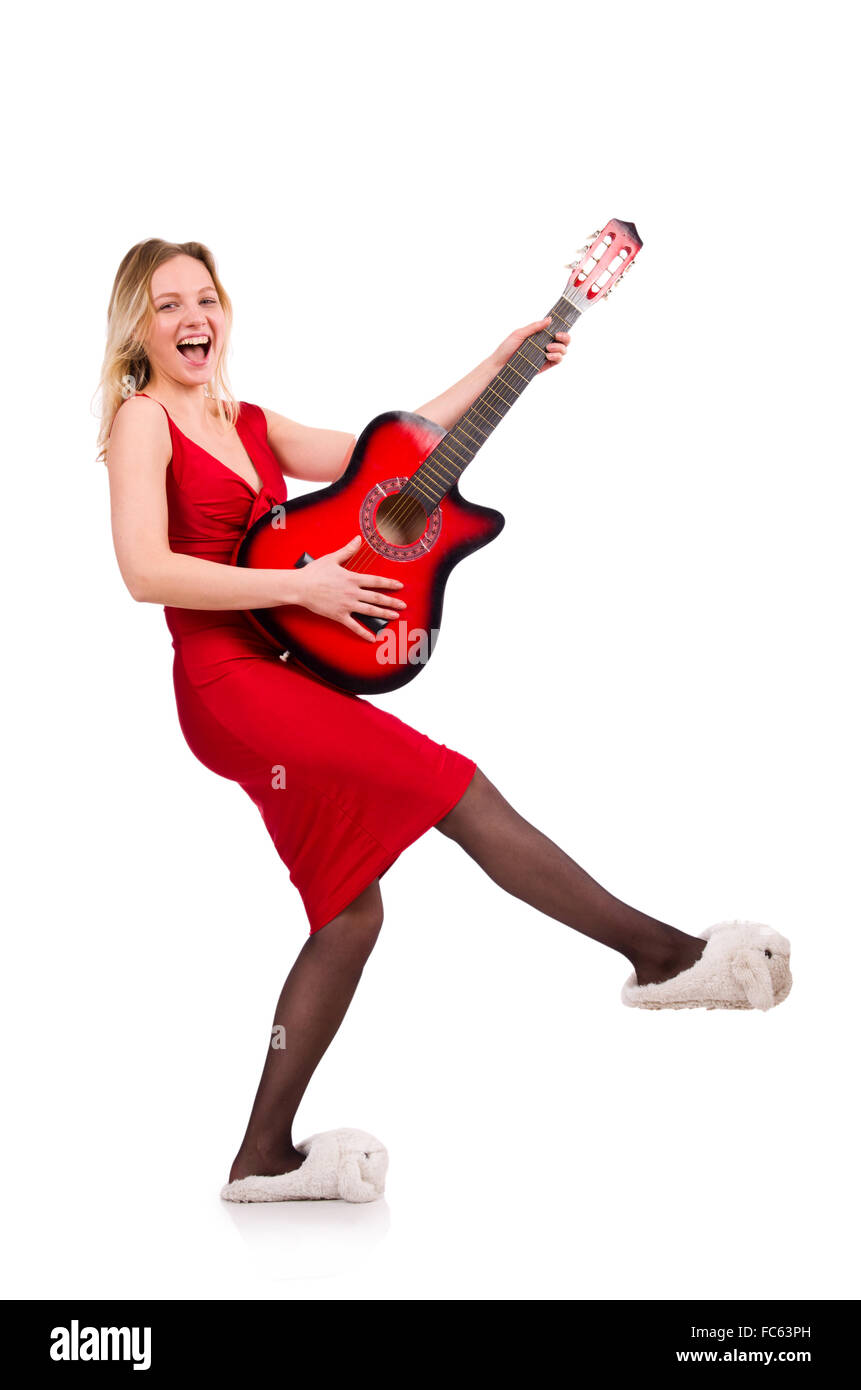 Pretty girl holding guitar isolated on white Stock Photo - Alamy