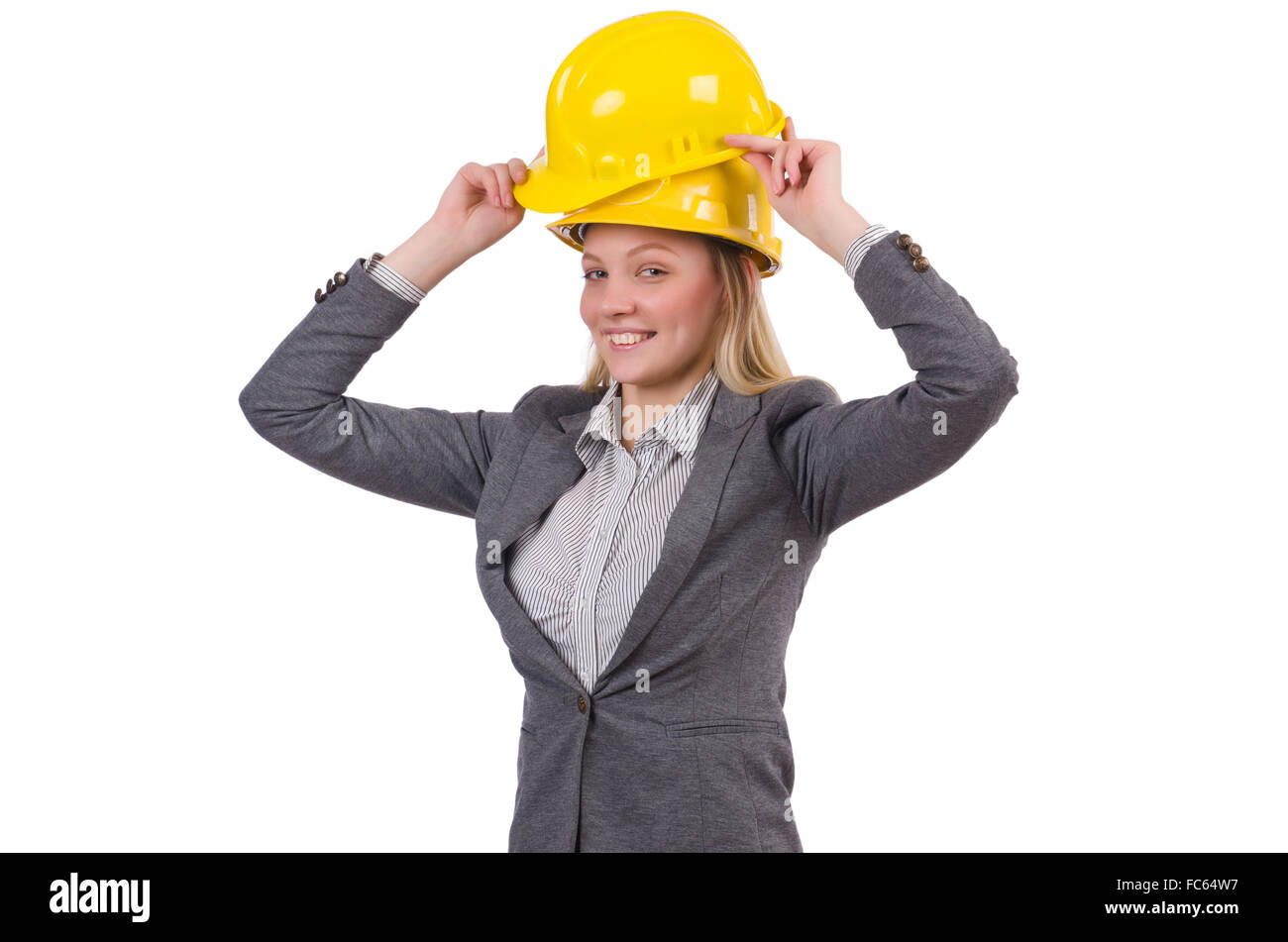 Businesswoman in gray suit and safety helmet isolated on white Stock ...
