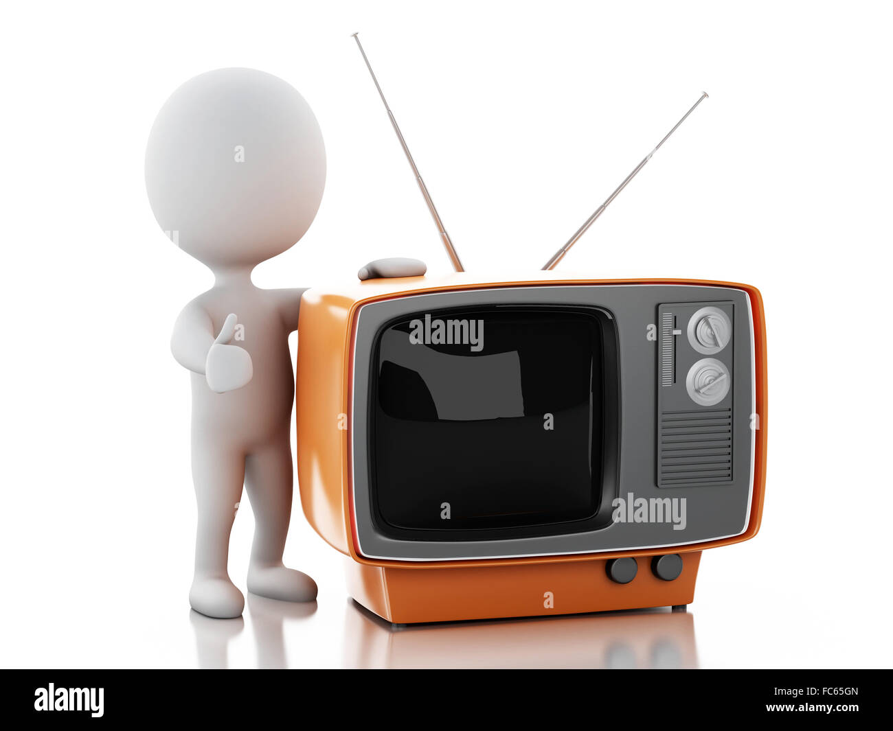 3d White people with a Retro tv. Stock Photo