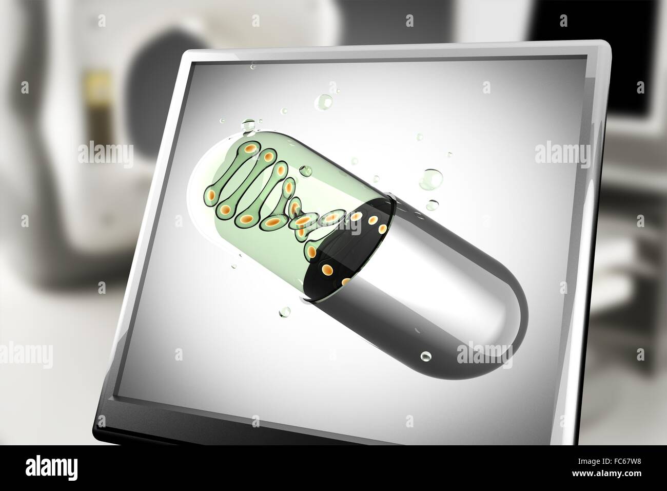 Transparent capsule on monitor in laboratory Stock Photo - Alamy