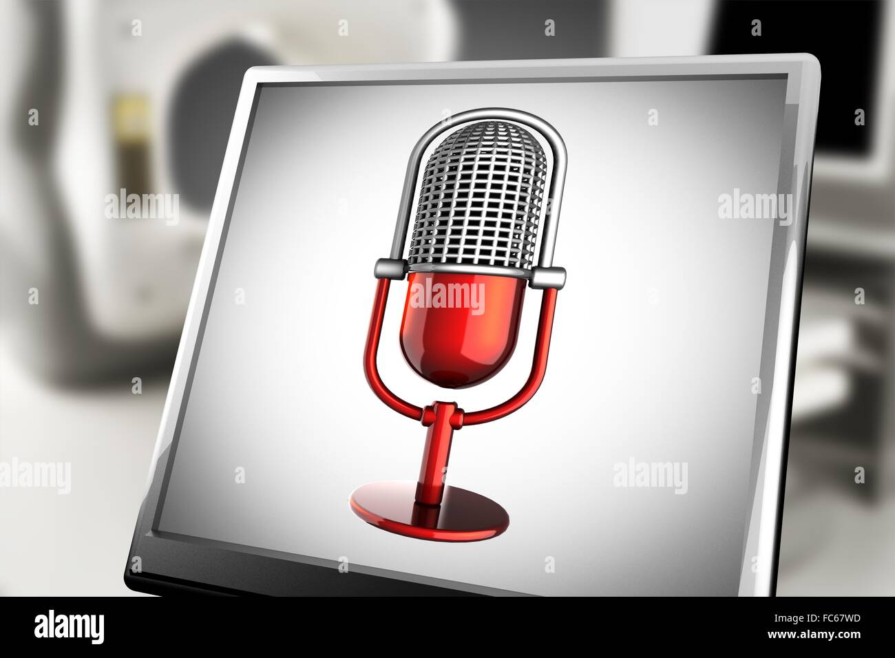 Retro microphone on monitor in laboratory Stock Photo Alamy