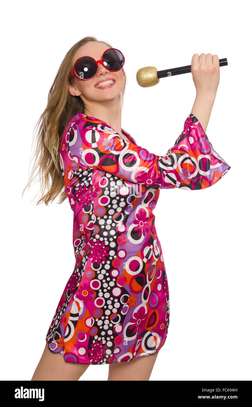 Pretty girl in dress with pink prints isolated on white Stock Photo - Alamy