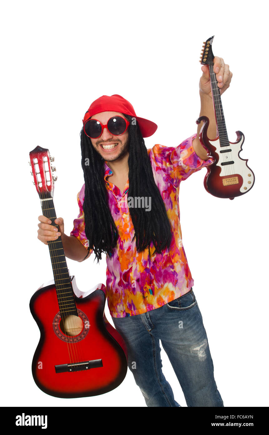 Male musician with guitars isolated on white Stock Photo