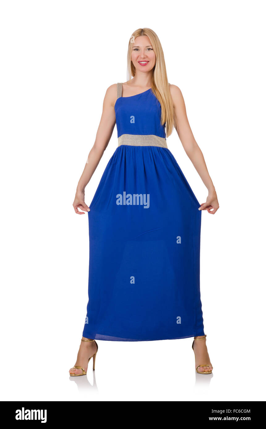 Beautiful woman in long blue dress isolated on white Stock Photo - Alamy