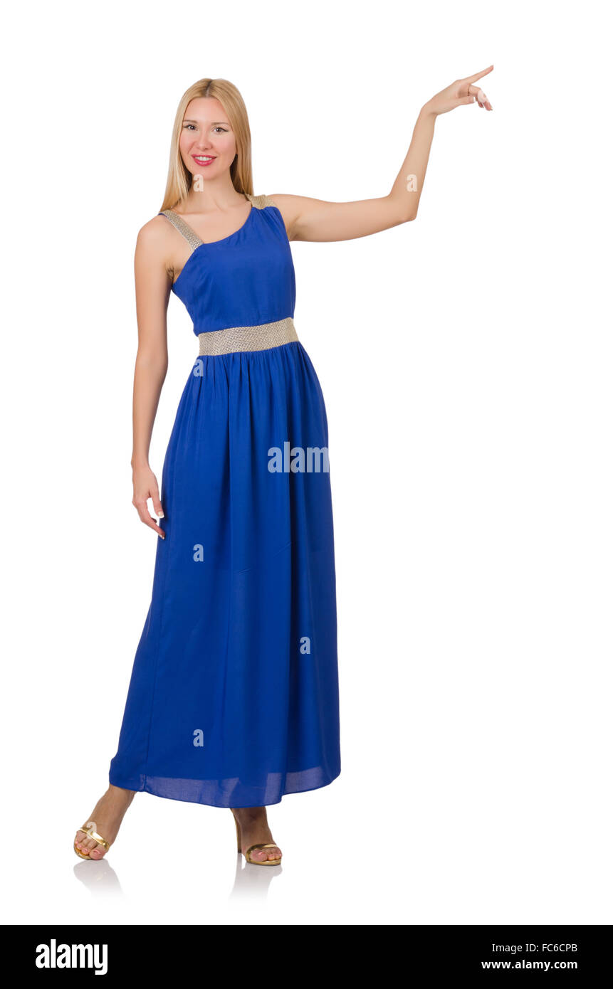 Beautiful woman in long blue dress isolated on white Stock Photo - Alamy