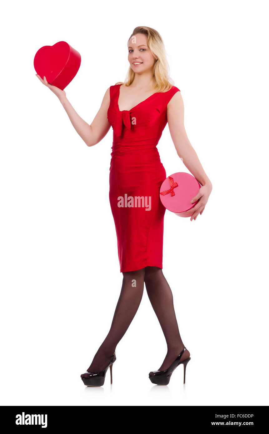 Smiling woman in red dress isolated on white Stock Photo - Alamy