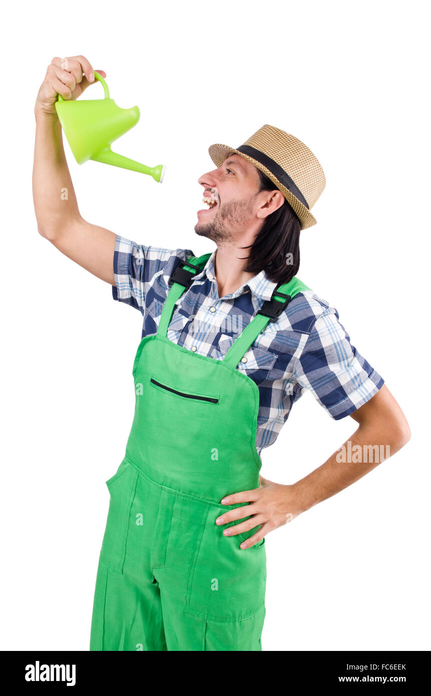 Young cheerful gardener with watering can isolated on white Stock Photo ...