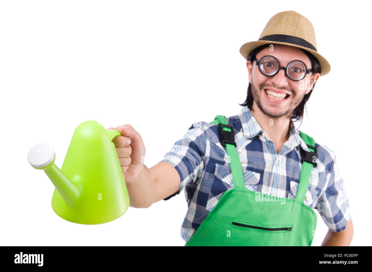 Young cheerful gardener with watering can isolated on white Stock Photo ...