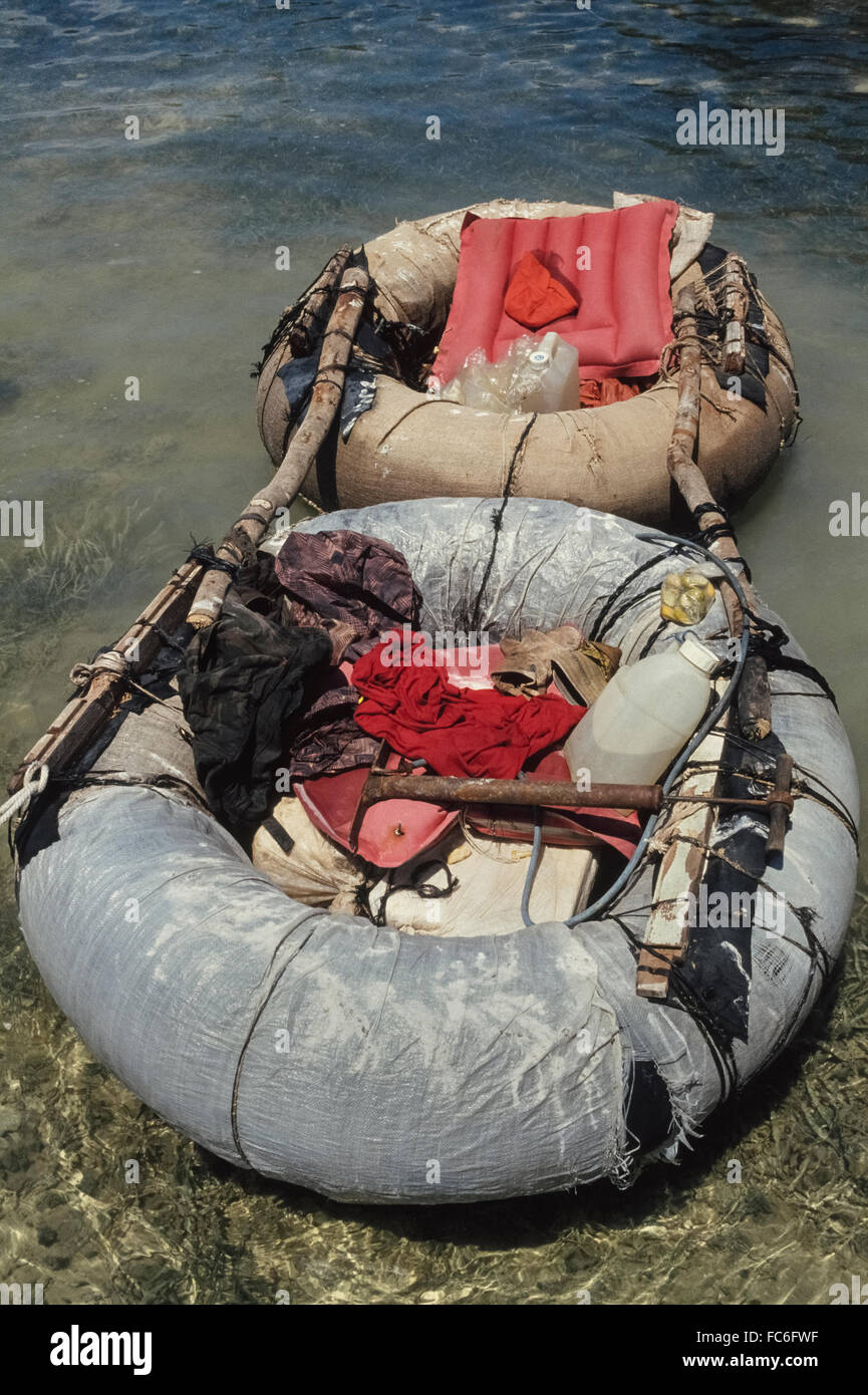 Refugees from Cuba abandoned this makeshift raft after making a 90-mile ocean journey to reach the United States shore at Islamorada in the Florida Keys and automatically qualify to become U.S. residents. Under U.S. law, any Cuban refugee caught at sea is sent back home, while those who make it ashore are granted permanent legal status after one year and the right to apply for citizenship after five years. An increase in Cuban refugees has occurred ever since the U.S. resumed diplomatic ties with Cuba in 2015. Stock Photo