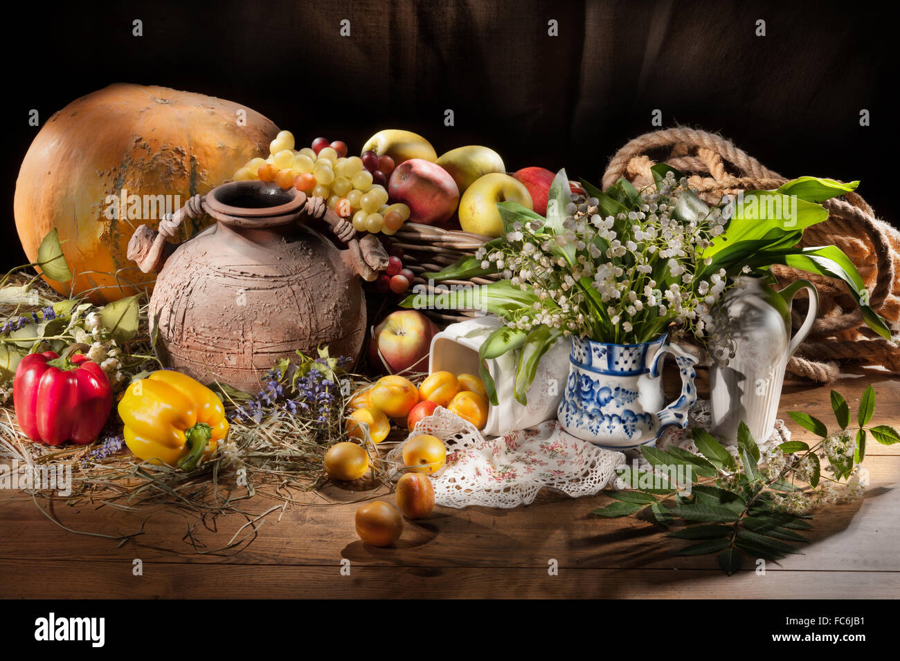 Still Life With Ceramic Jar And Fruits Stock Photo Alamy