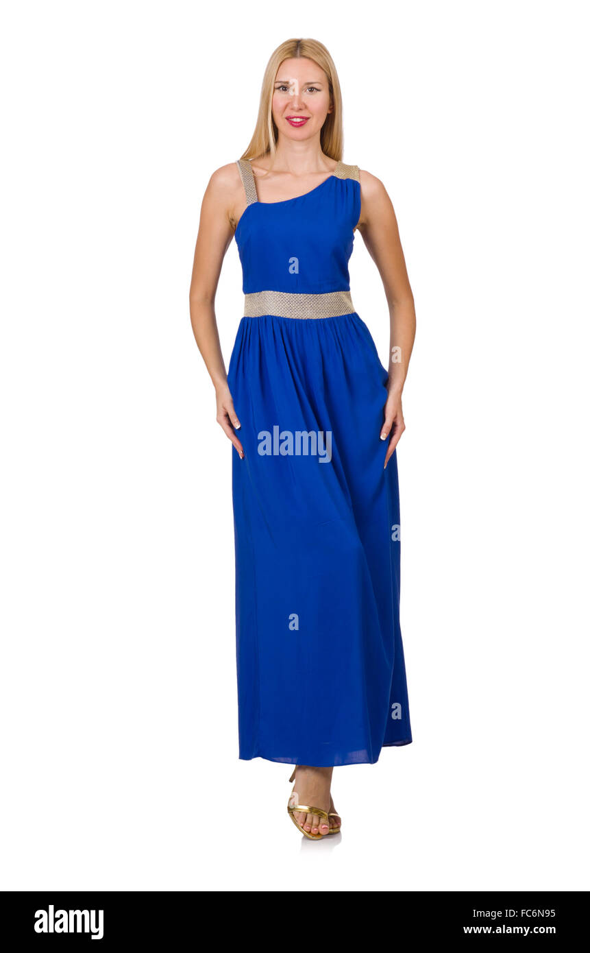 Beautiful woman in long blue dress isolated on white Stock Photo - Alamy