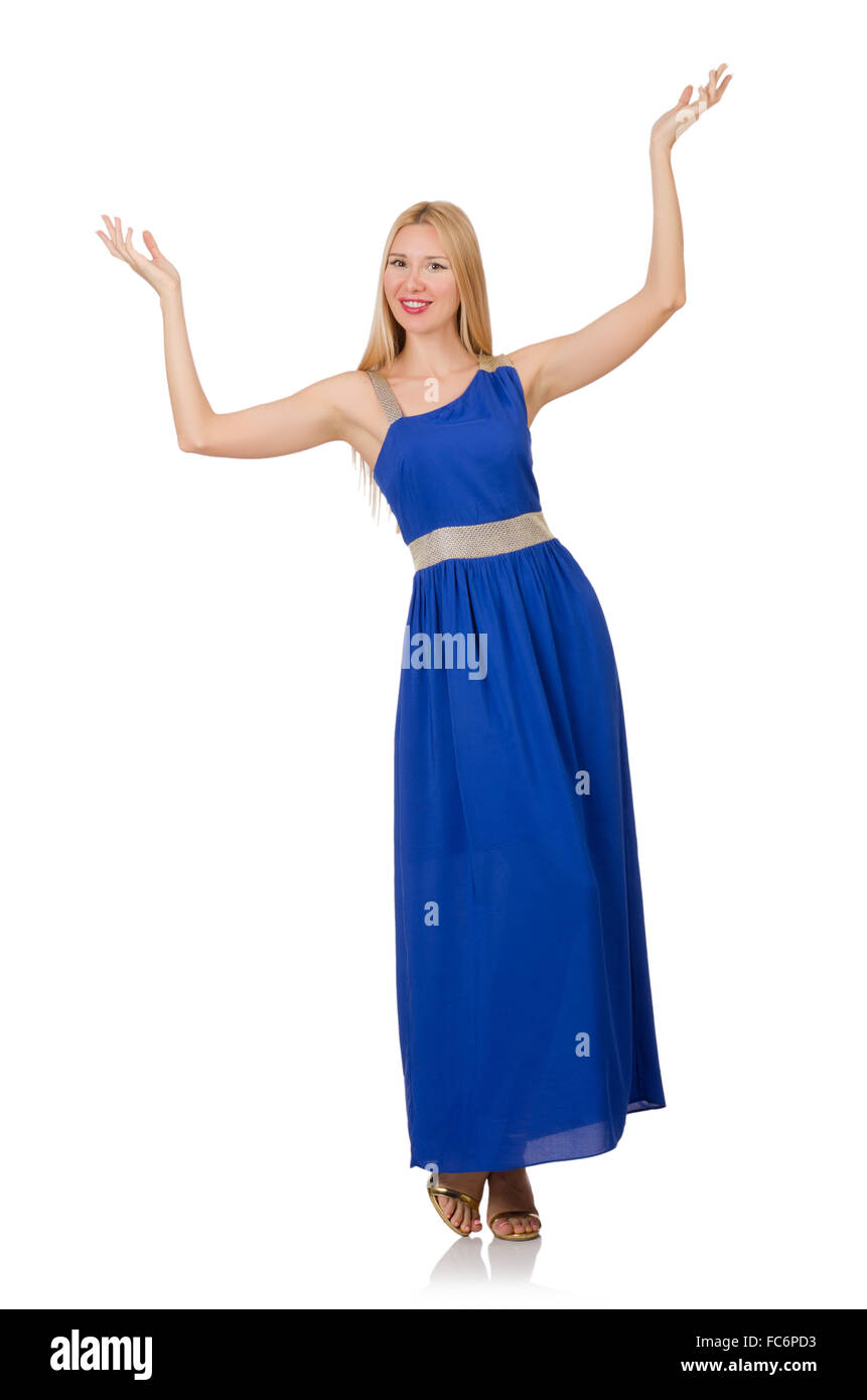 Beautiful woman in long blue dress isolated on white Stock Photo - Alamy