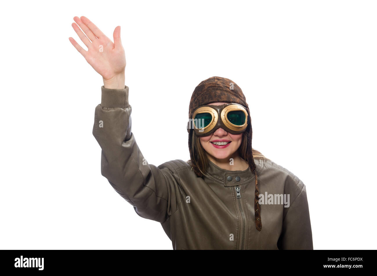 Funny woman pilot isolated on white Stock Photo