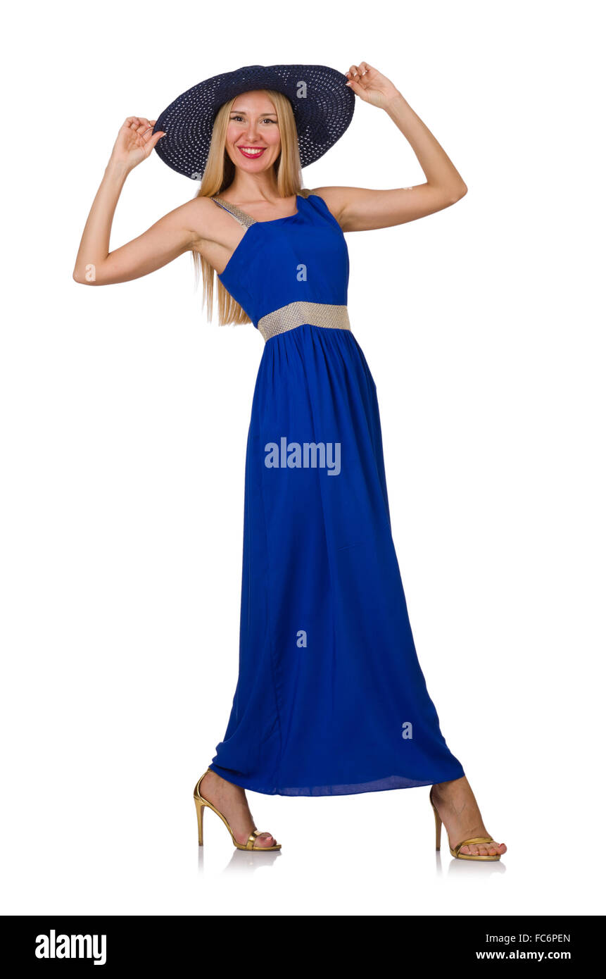 Beautiful woman in long blue dress isolated on white Stock Photo - Alamy