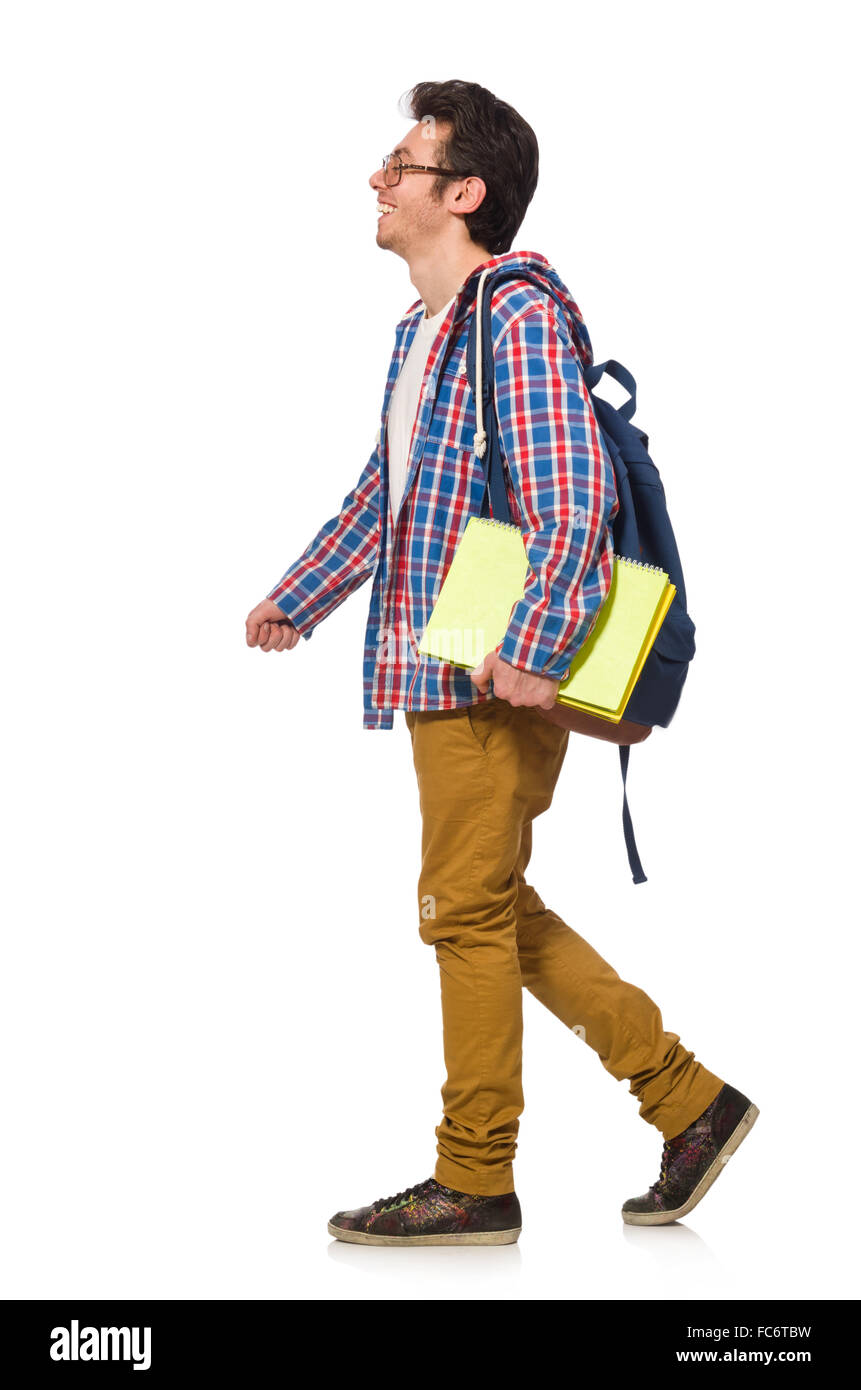 Student with books and backpack isolated on white Stock Photo - Alamy