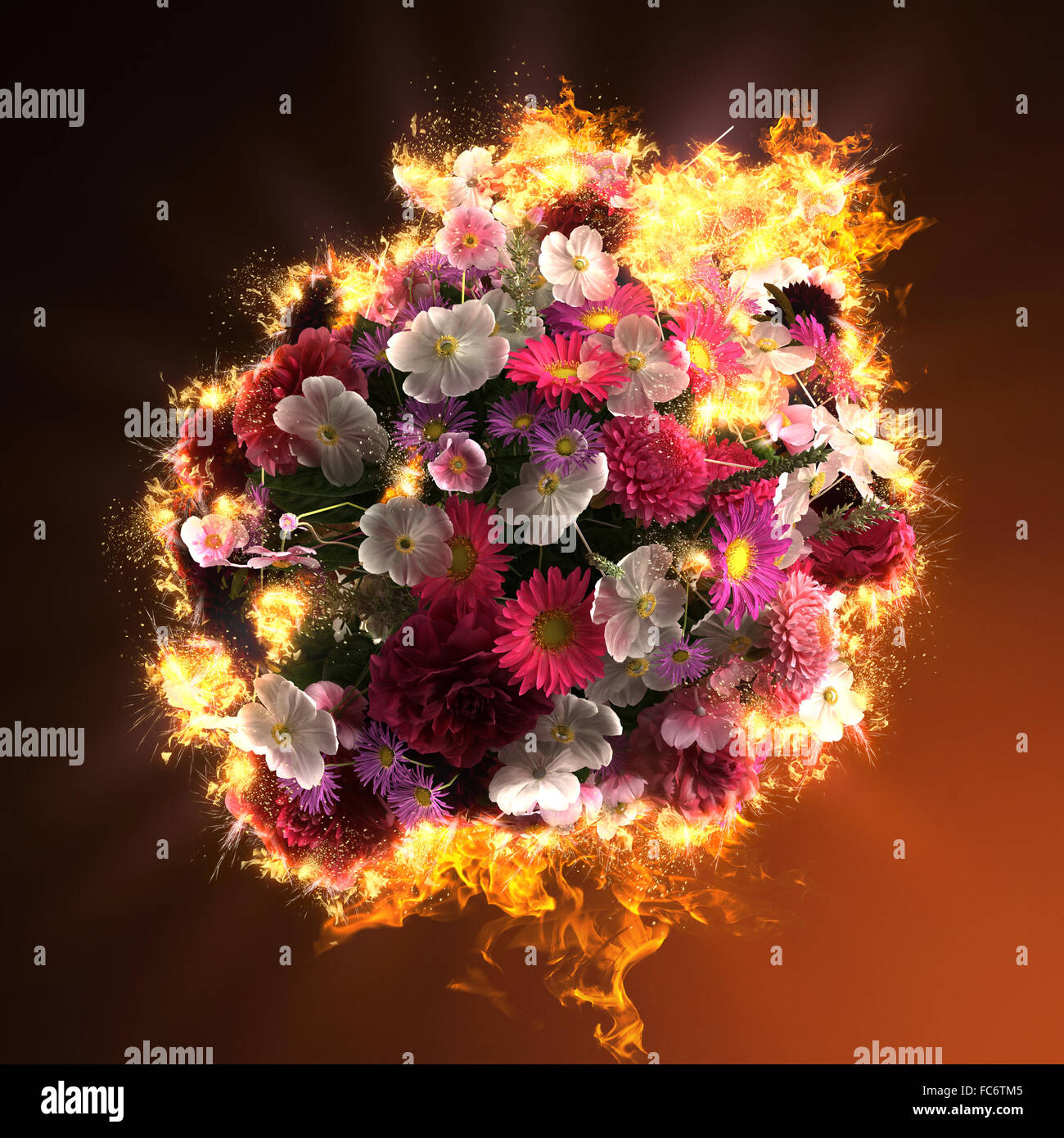 bouquet of flowers in fire Stock Photo Alamy