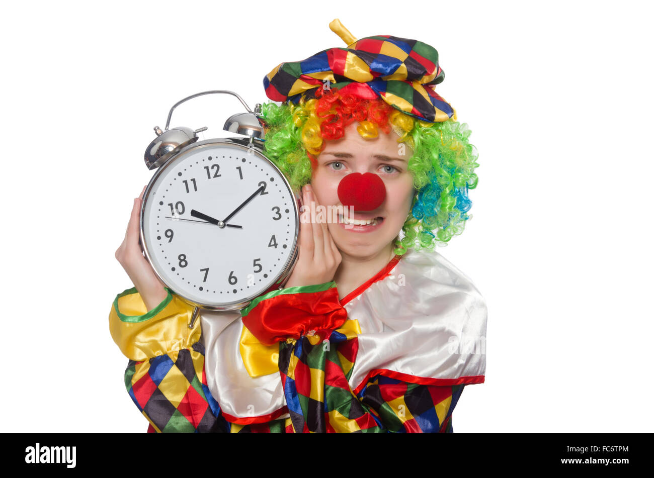 Clown with clock isolated on white Stock Photo Alamy