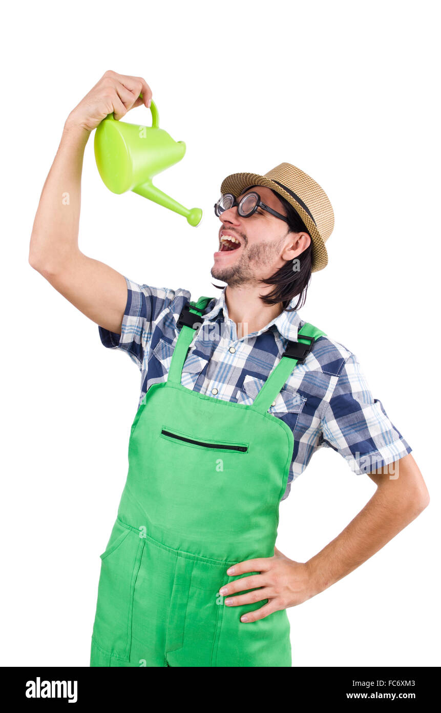 Young cheerful gardener with watering can isolated on white Stock Photo ...