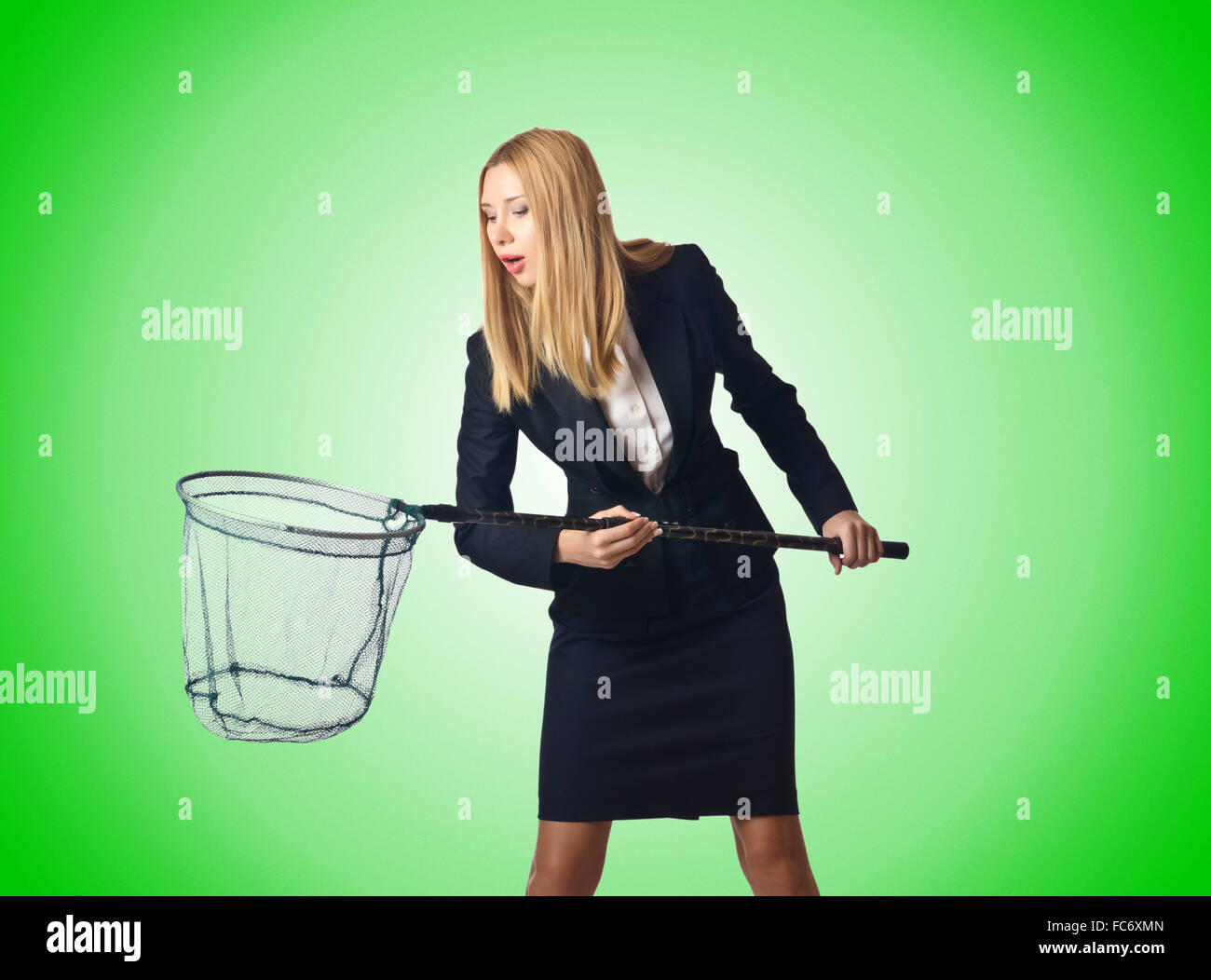 Woman with net isolated on white Stock Photo - Alamy