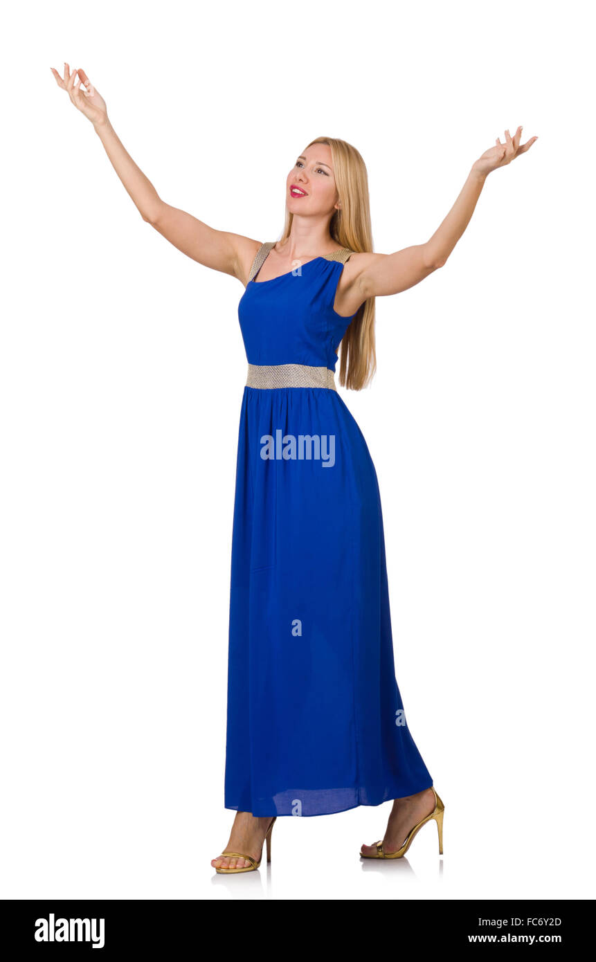Beautiful woman in long blue dress isolated on white Stock Photo - Alamy