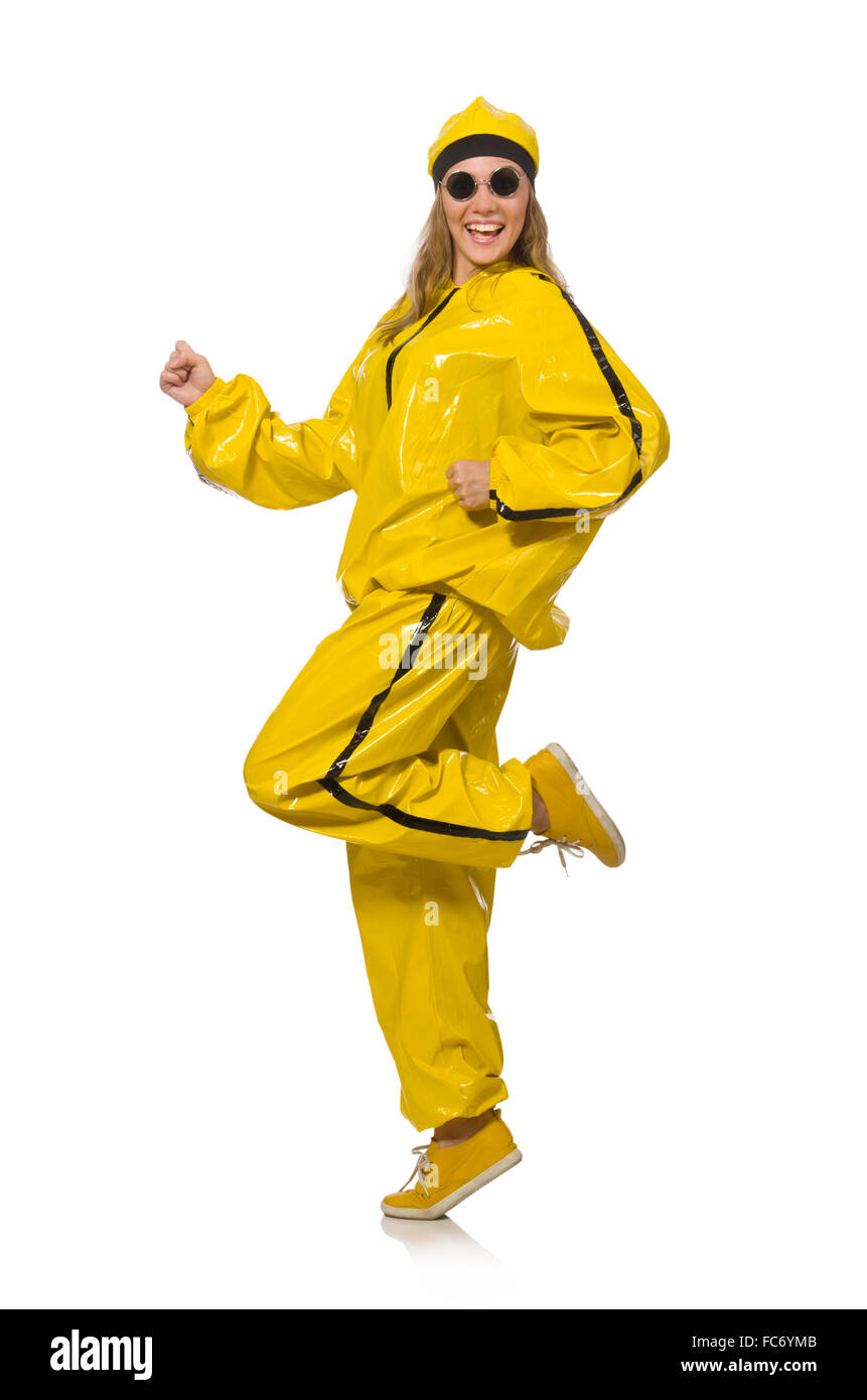 Woman in yellow suit isolated on white Stock Photo