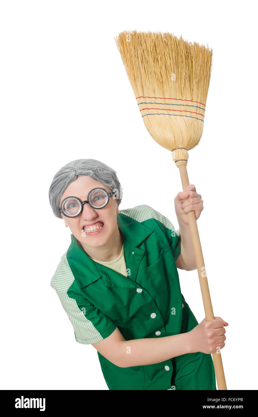 Woman with sweeping brush isolated on white Stock Photo Alamy