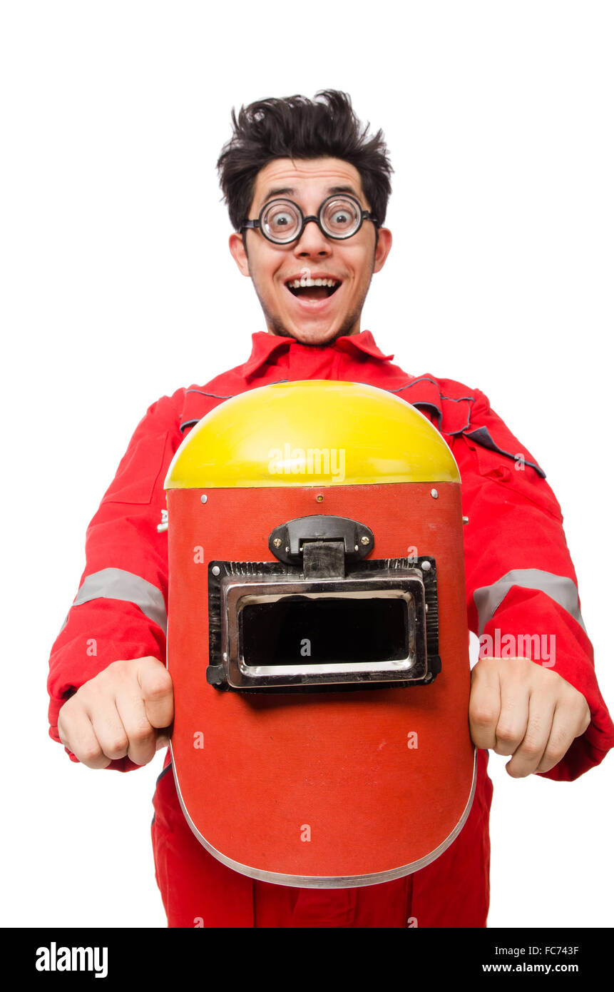 Funny welder isolated on white Stock Photo Alamy