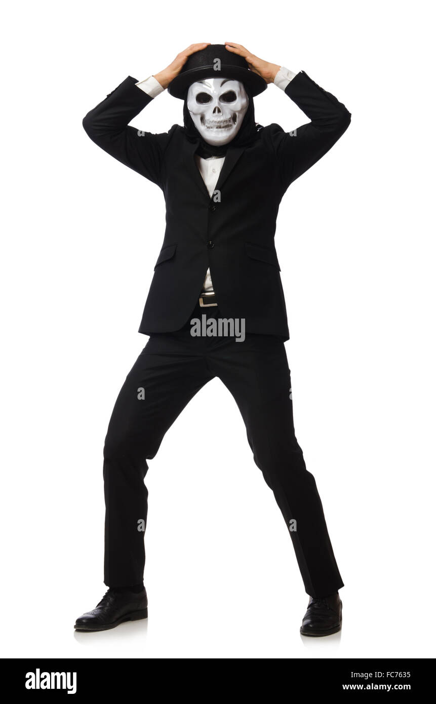 Man with scary mask isolated on white Stock Photo Alamy