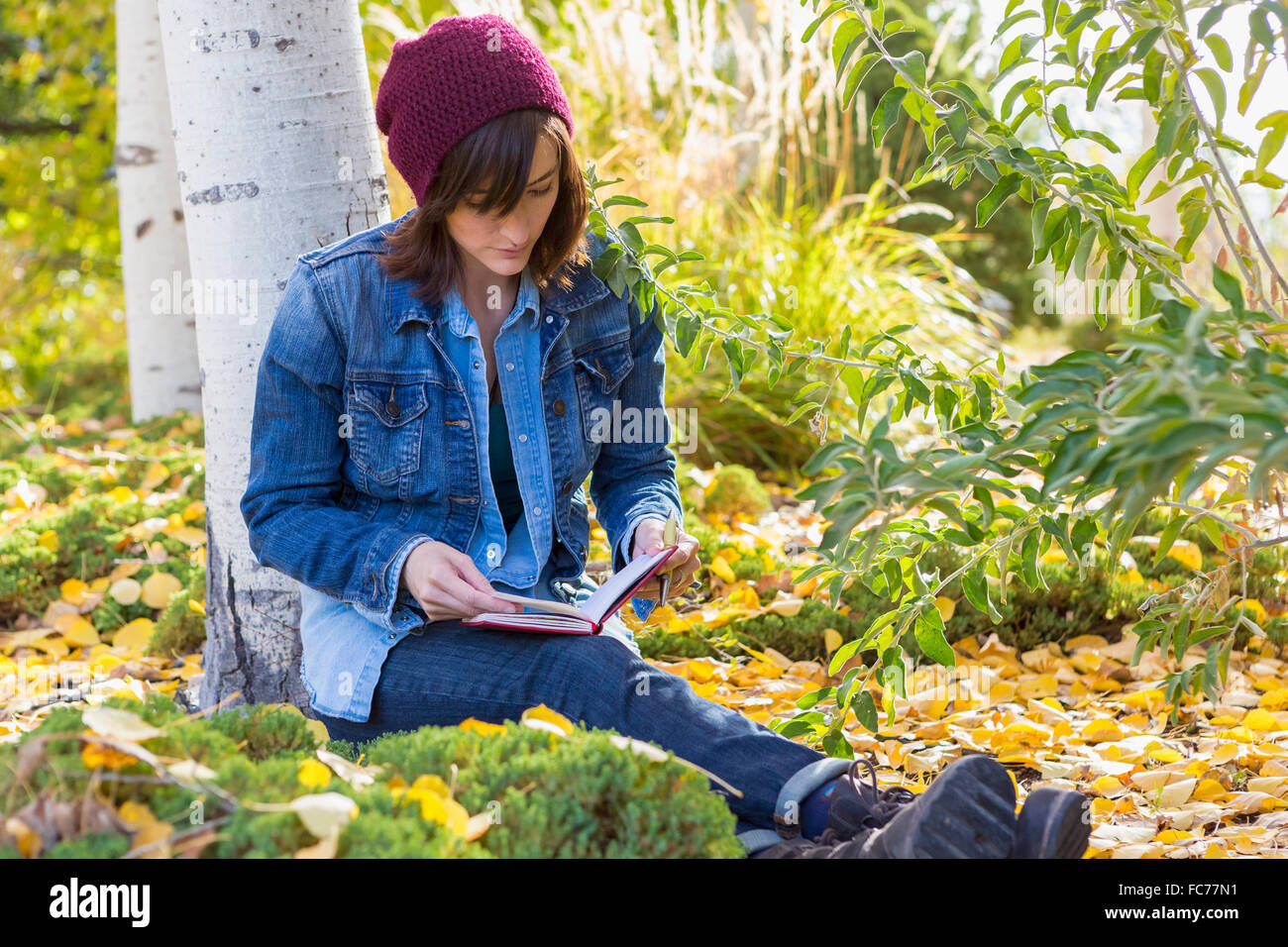 Hispanic woman reading in garden Stock Photo