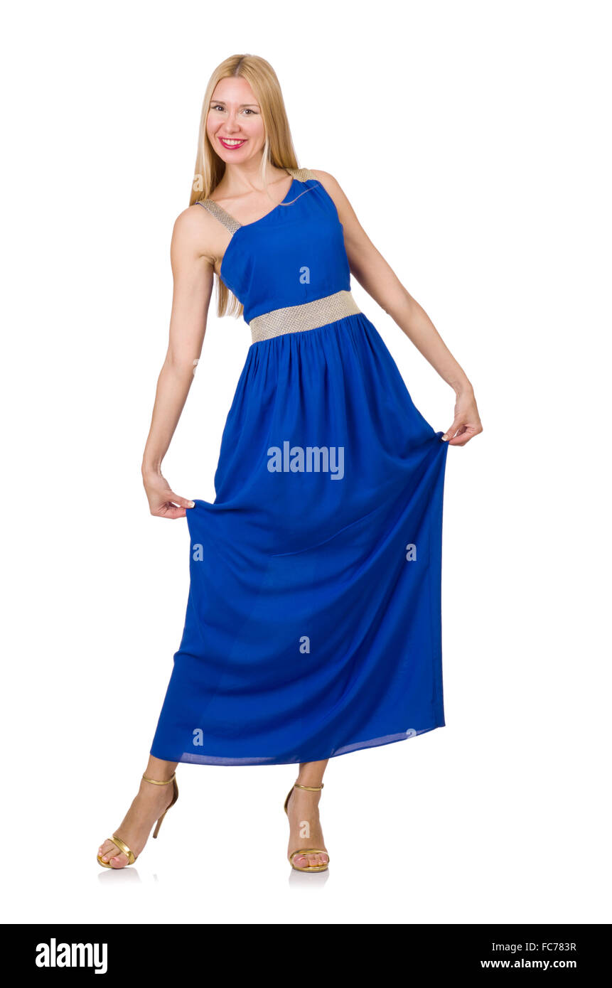 Beautiful woman in long blue dress isolated on white Stock Photo - Alamy