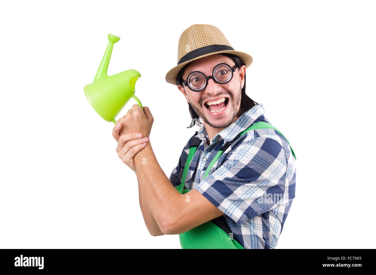 Young cheerful gardener with watering can isolated on white Stock Photo ...