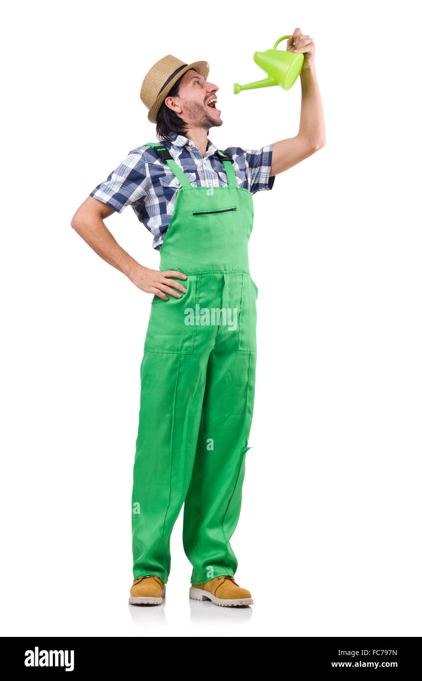 Young cheerful gardener with watering can isolated on white Stock Photo ...