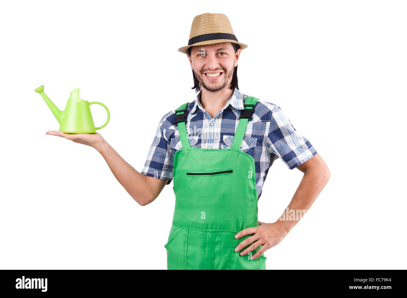 Young cheerful gardener with watering can isolated on white Stock Photo ...