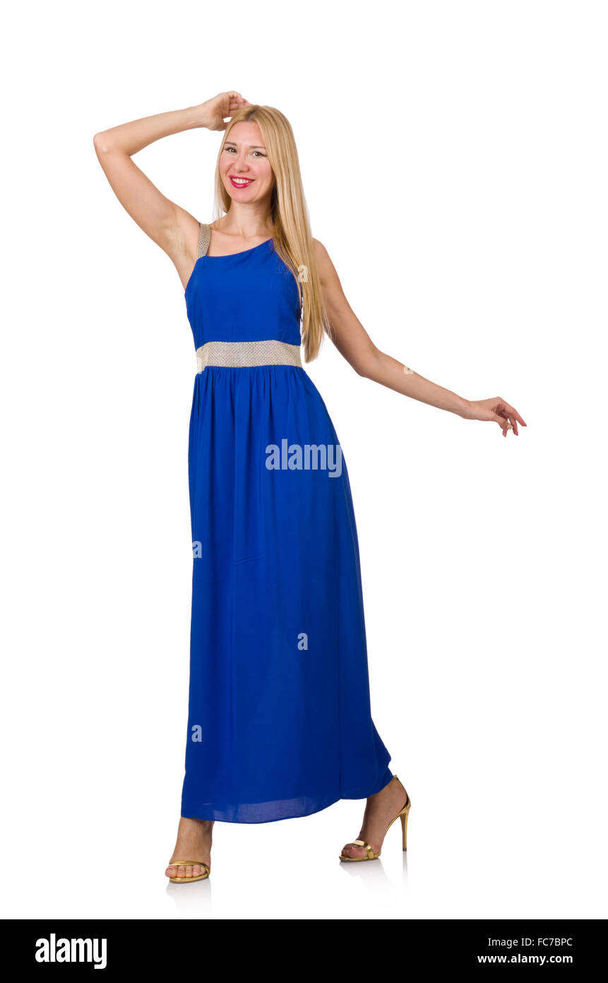 Beautiful woman in long blue dress isolated on white Stock Photo - Alamy