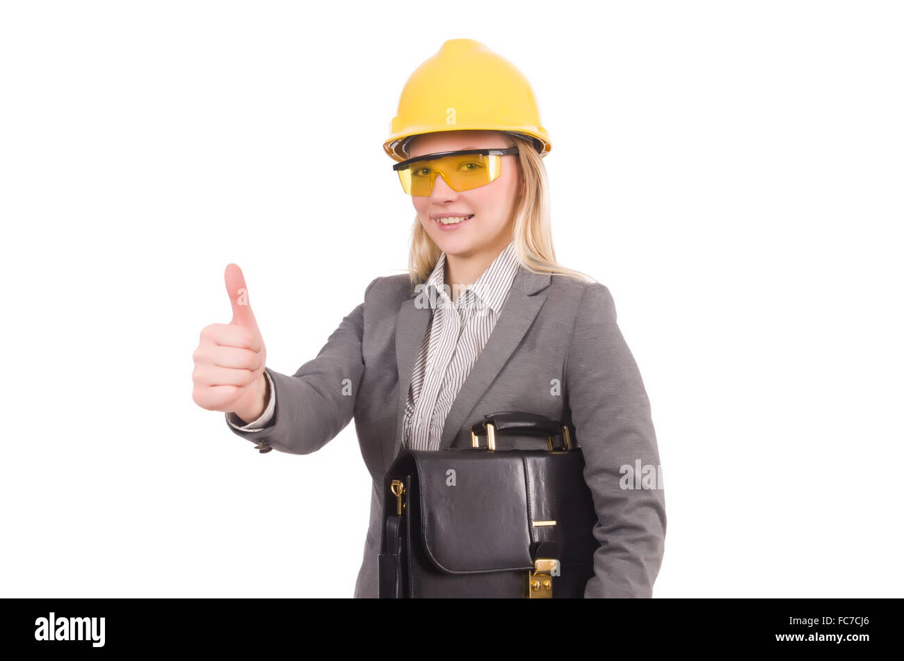 Female engineer in helmet and briefcase isolated on white Stock Photo ...