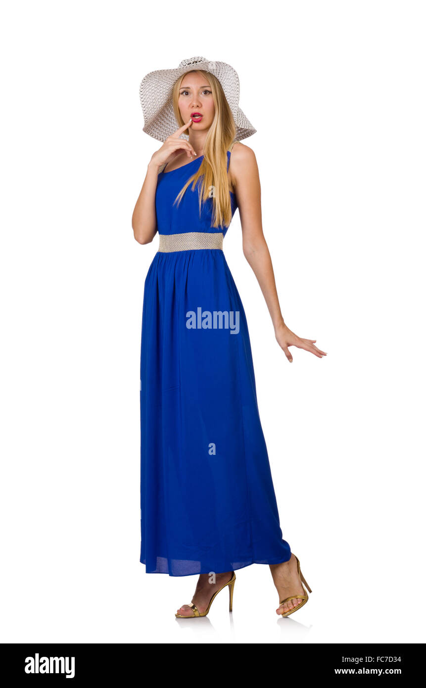 Beautiful woman in long blue dress isolated on white Stock Photo - Alamy