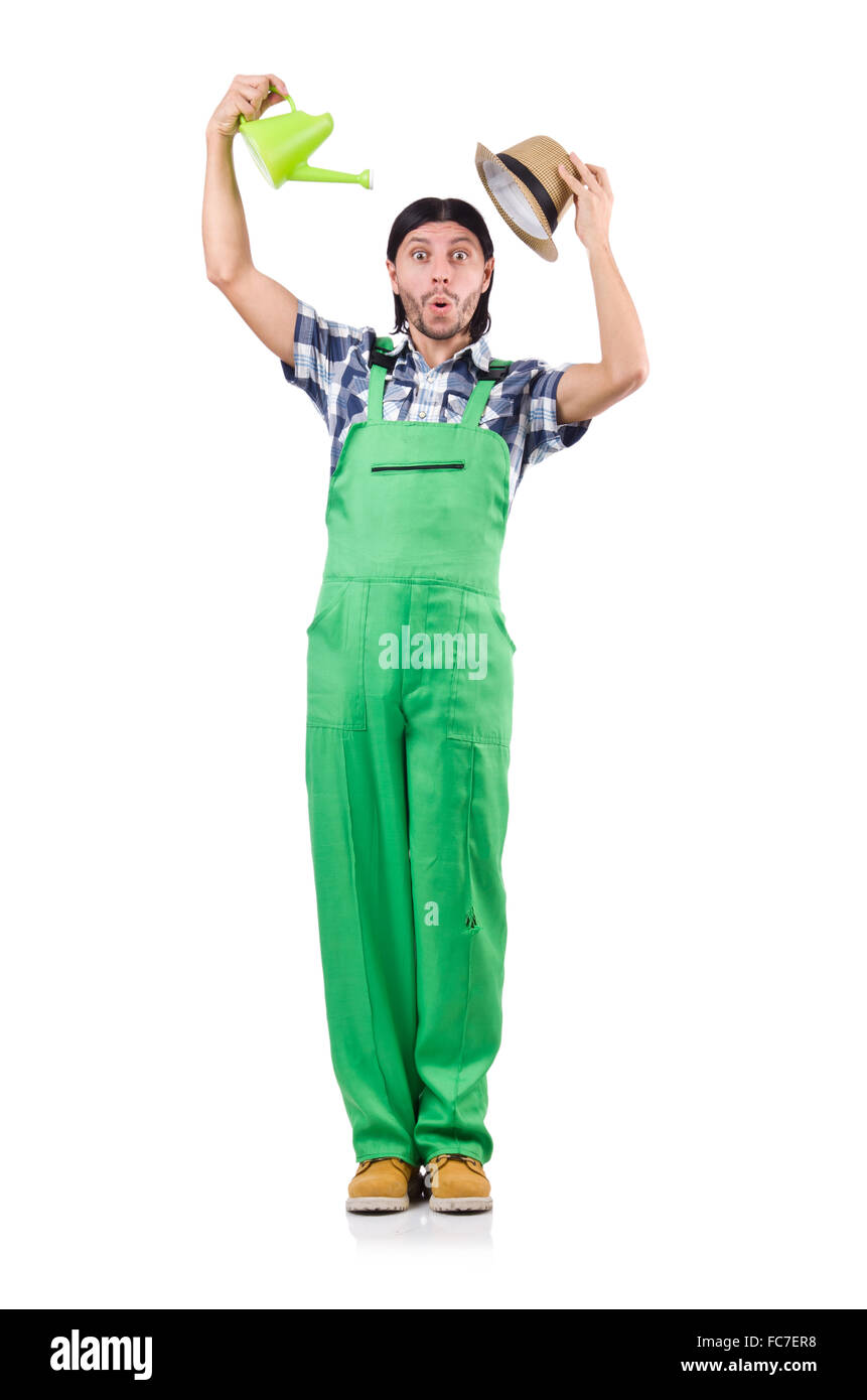 Young cheerful gardener with watering can isolated on white Stock Photo ...