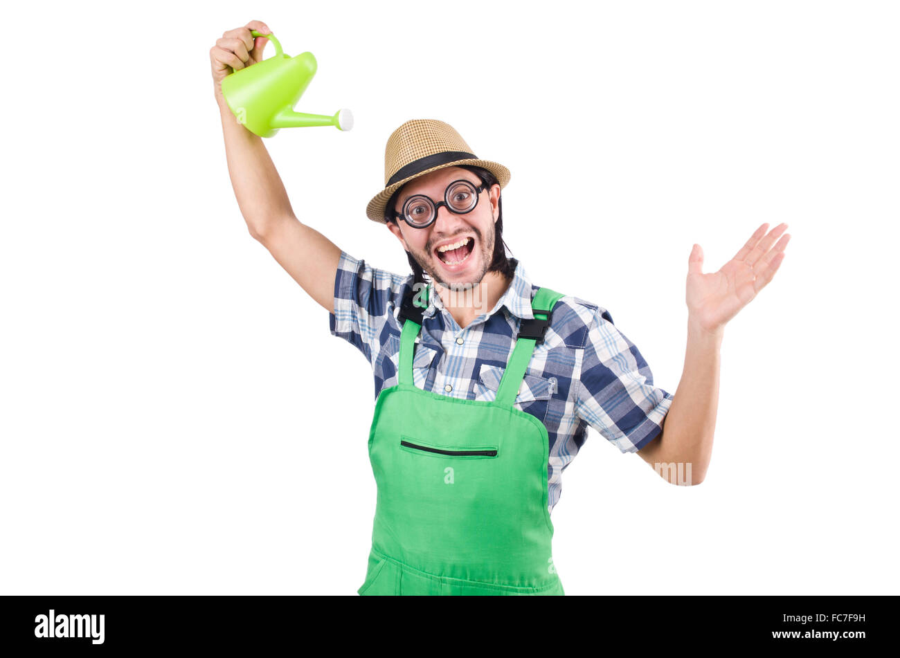Young cheerful gardener with watering can isolated on white Stock Photo ...