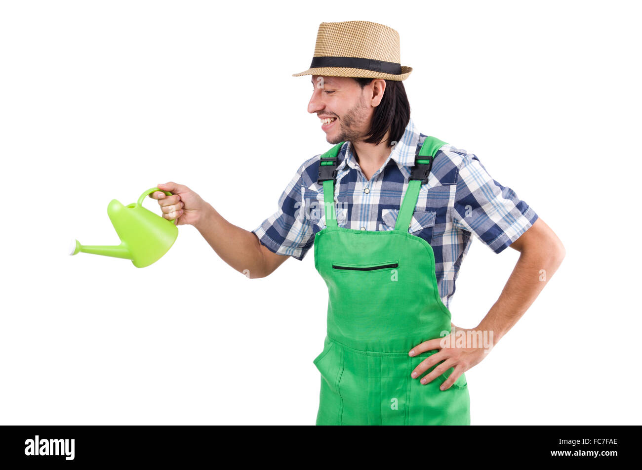 Young cheerful gardener with watering can isolated on white Stock Photo ...