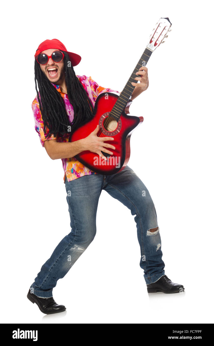 Male musician with guitar isolated on white Stock Photo