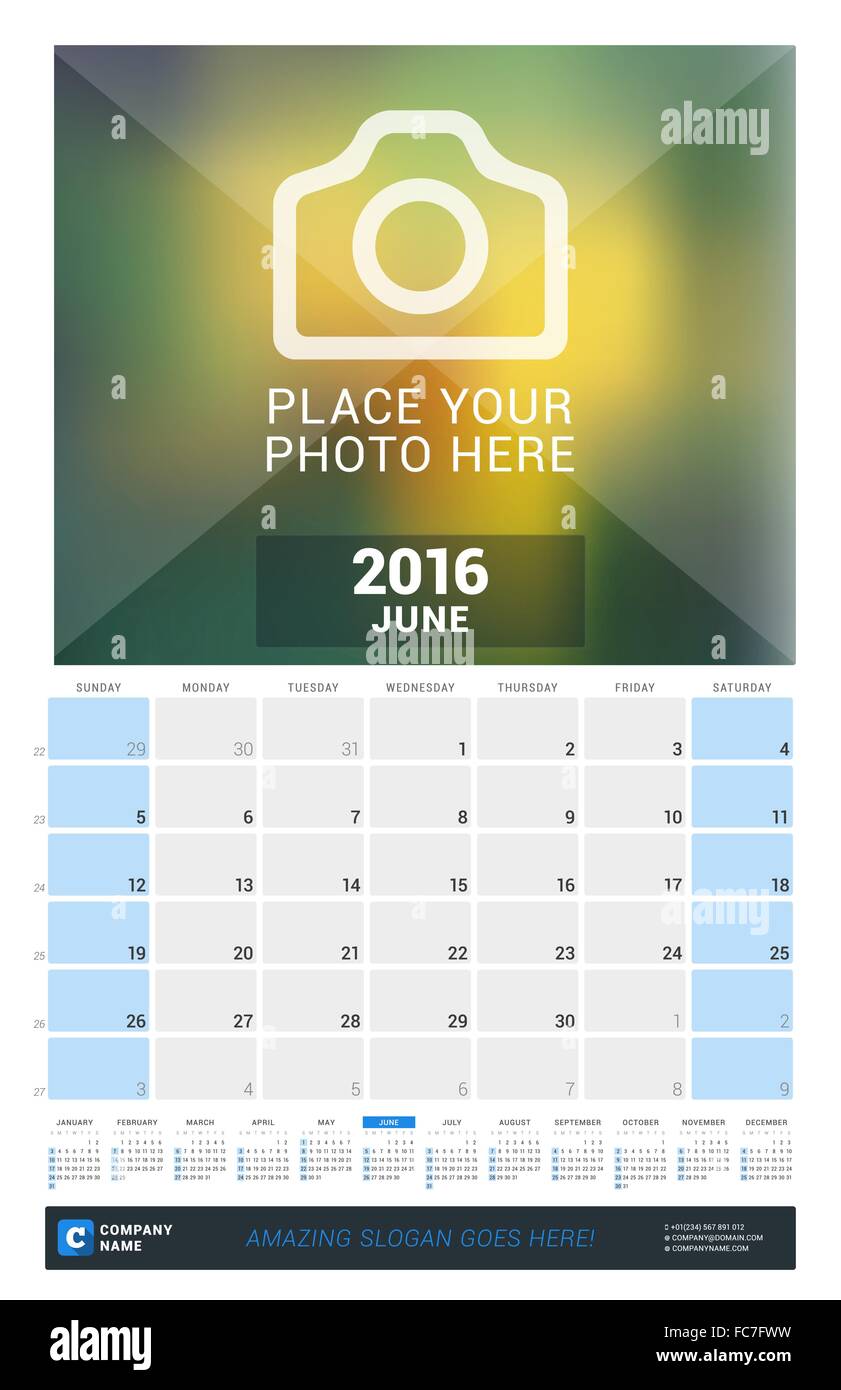 June 16 Wall Monthly Calendar For 16 Year Vector Design Print Template With Place For Photo And Year Calendar Week Starts Stock Vector Image Art Alamy