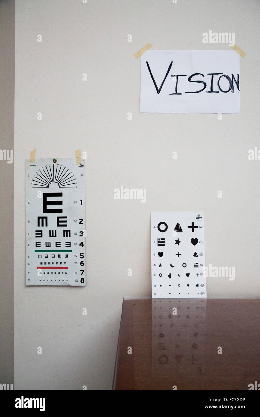 Letter charts in office of optometrist Stock Photo