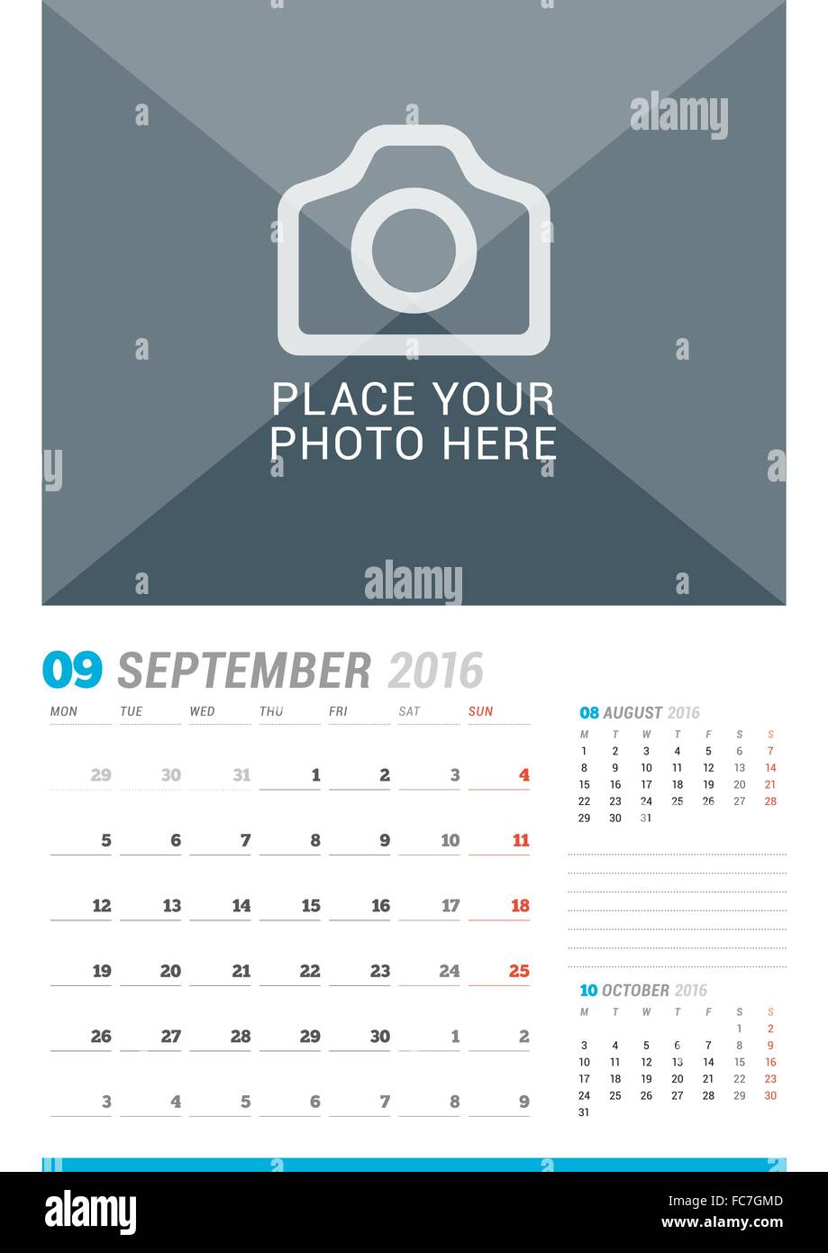 September 2016. Wall Monthly Calendar for 2016 Year. Vector Design Print Template with Place for Photo and Place for Notes. 3 Mo Stock Vector