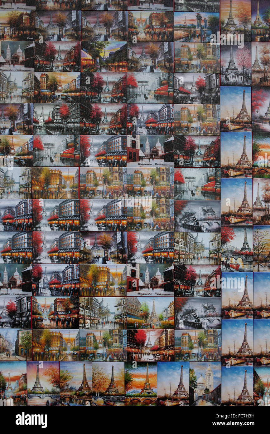 Collage of souvenir postcards on gift shop wall, Paris, Ile-de-France, France Stock Photo