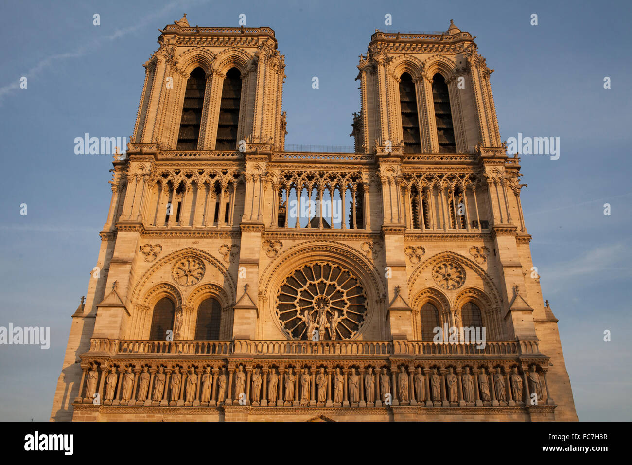 Low angle view of Notre Dame cathedral, Paris, Ile-de-France, France Stock Photo