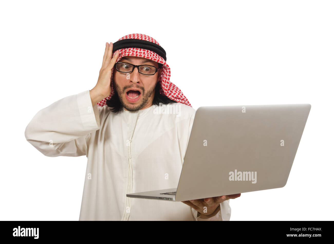 Arab man with laptop isolated on white Stock Photo - Alamy