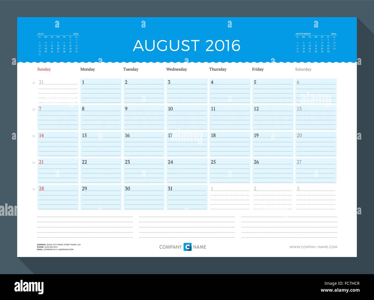 august 2016 monthly calendar planner for 2016 year vector design