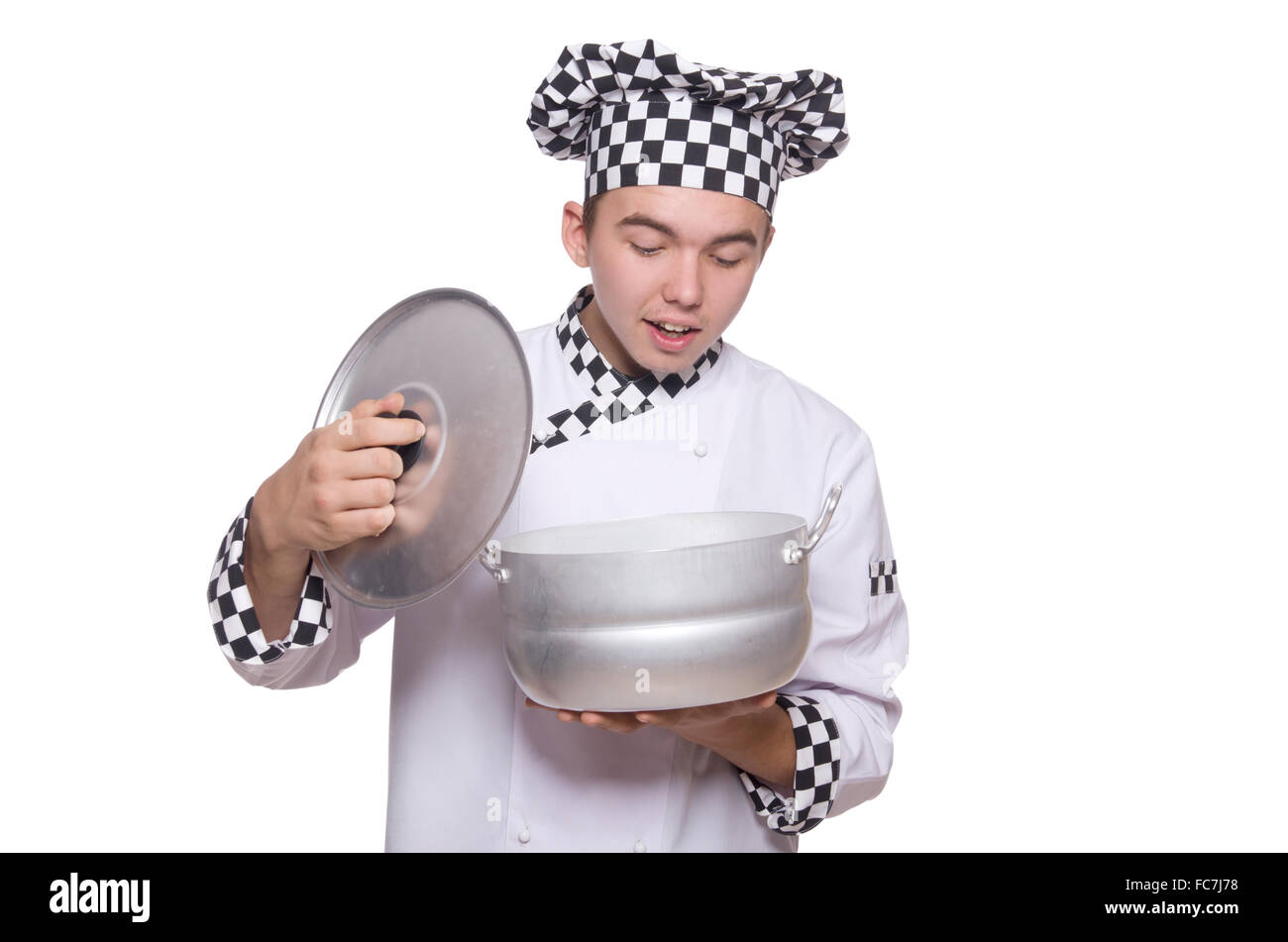 Young chef holding pan isolated on white Stock Photo