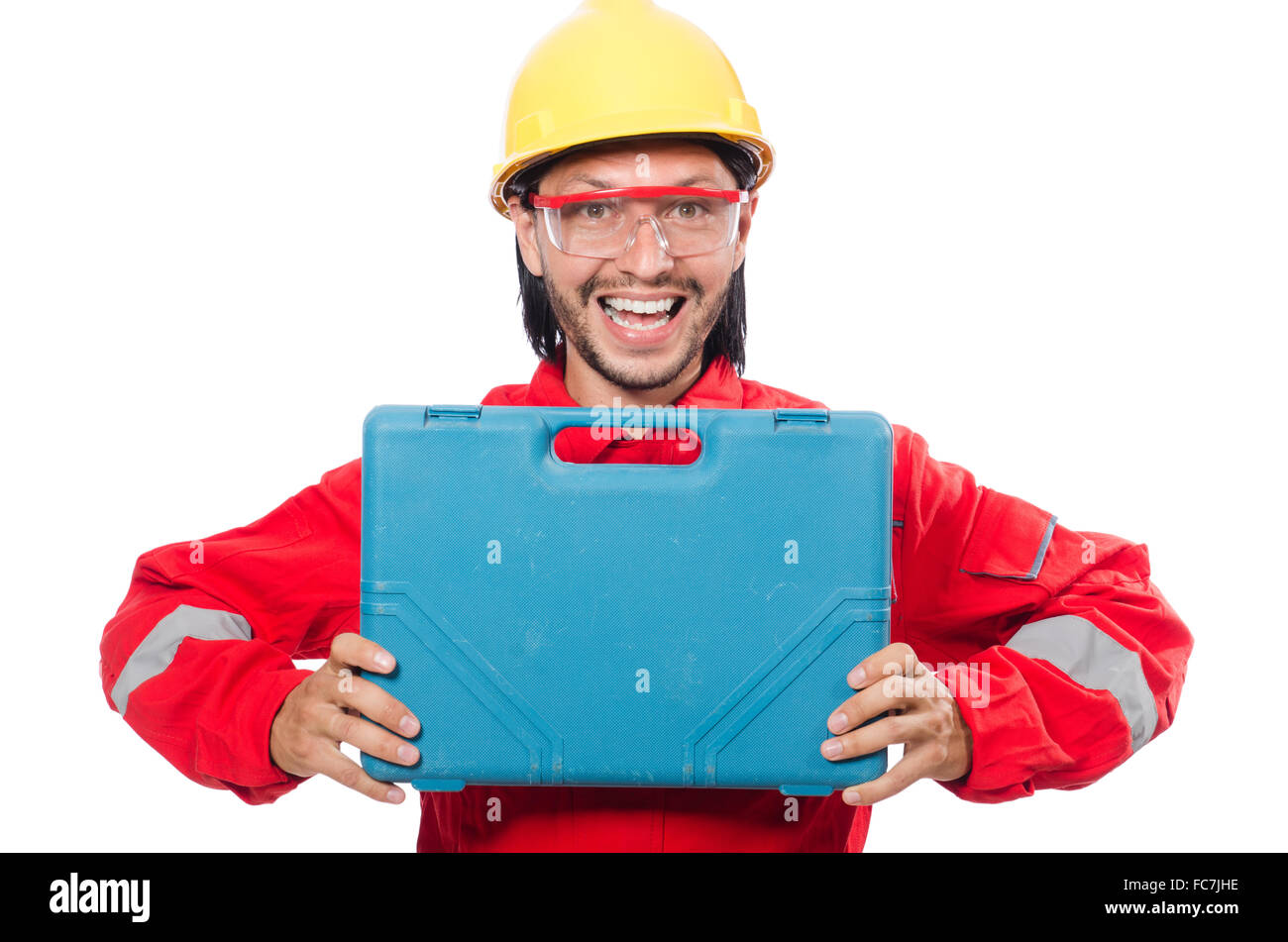 Man wearing red coveralls isolated on white Stock Photo - Alamy