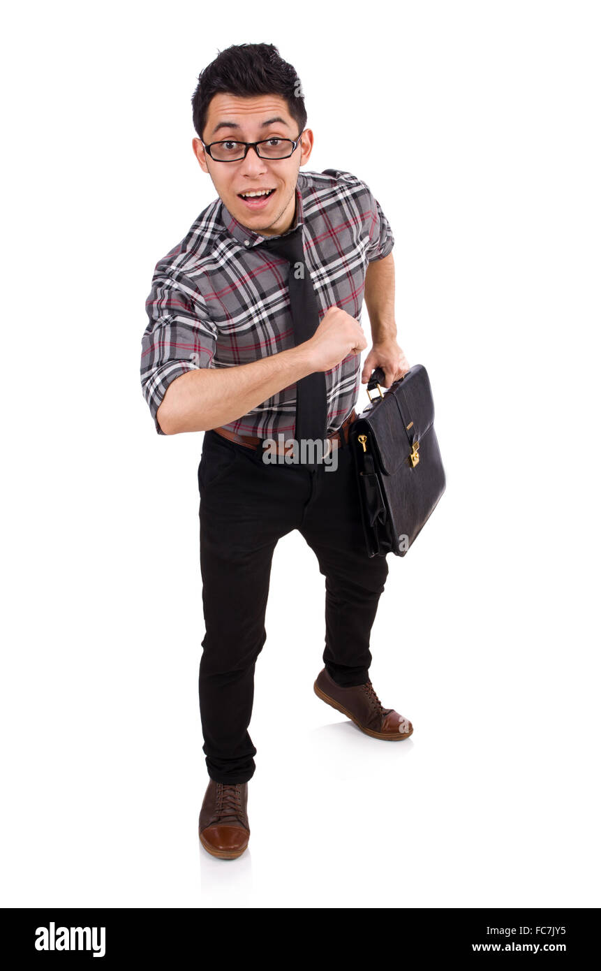 Young employee with briefcase isolated on white Stock Photo - Alamy